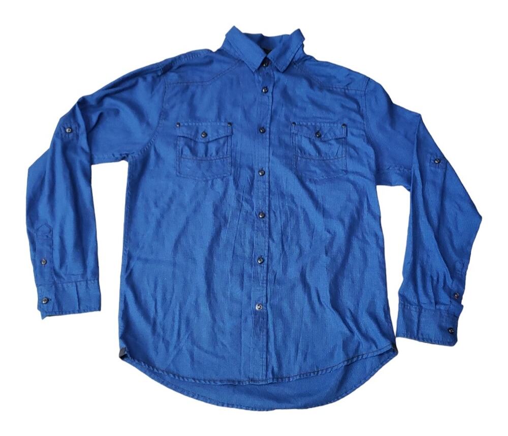 Drill Dark Blue Long Sleeve Button Down Collared Dress Shirt | Size Medium